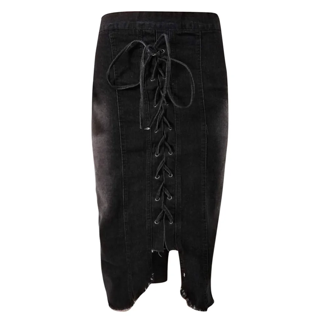 Women Summer Plus Size High Waist Ripped Destroyed Bodycon Street Style Lace Denim Pencil Knee-Length Lace-Up Skirt Jupe Femme 5 | Женская