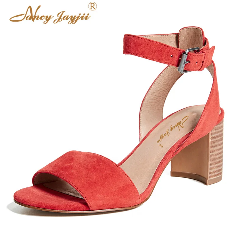 

2019 New Summer Red Woman Sandals Ladies Shoes Chunky Heels High Mature Dress Party Classic Buckle Strap Casual Cork Plus Size