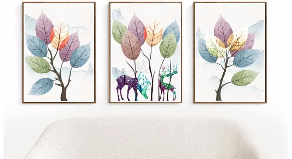 

Modern minimalist tree leaves elk abstract Nordic decorative painting 3piece for living room