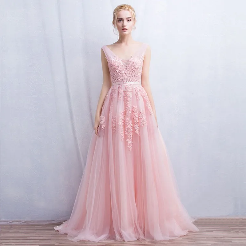 Vestidos de festa вечернее платье Robe De Soiree v-образный вырез с кружевной аппликацией Длинные вечерние платья из тюля розовый темно-синий
