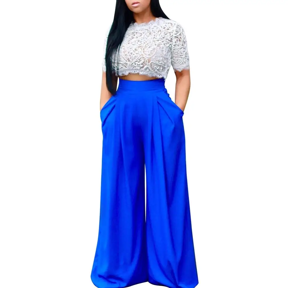 

2019 Summer New 2 Piece Outfits For Women O-Neck Short Lace Crop Top+Long Wide leg pants Two Piece Matching Set