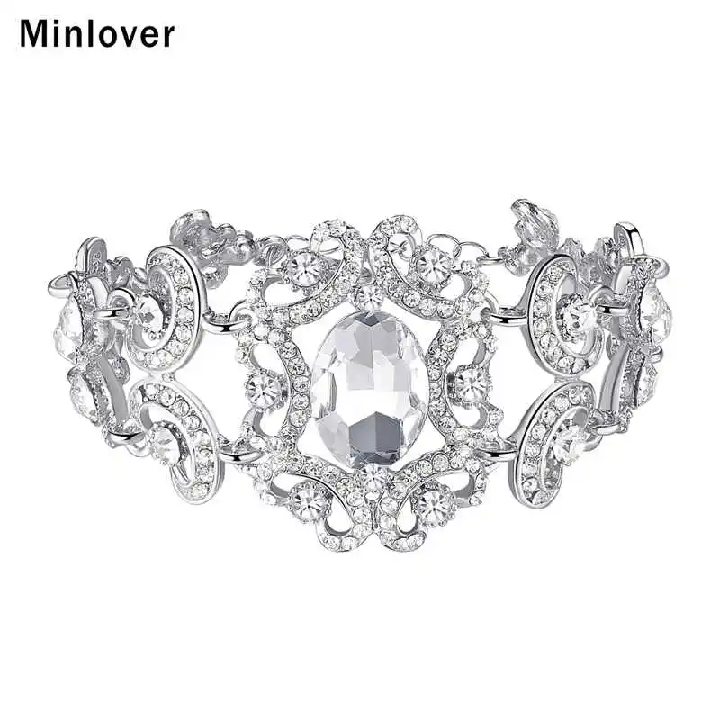 Женский браслет цепочка Minlover серебряный цвет с цветком и кристаллами модные