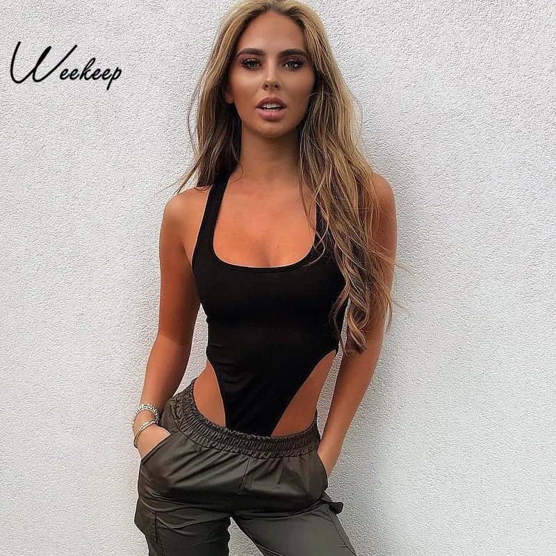Weekeep Sexy Bodycon Solid High Waist Bodysuit Women Summer Open Crotch Sleeveless Romper 2019 | Женская одежда