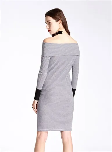 Модная женская полосатый отложным воротником прямо средней длины dress slim fit