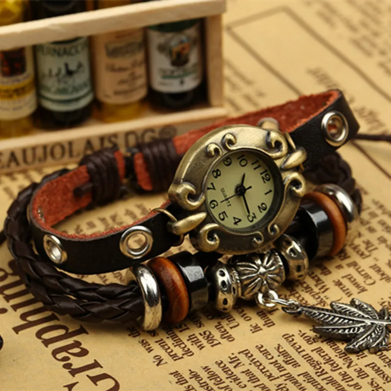 Новые винтажные часы женские кварцевые браслет из натуральной кожи наручные