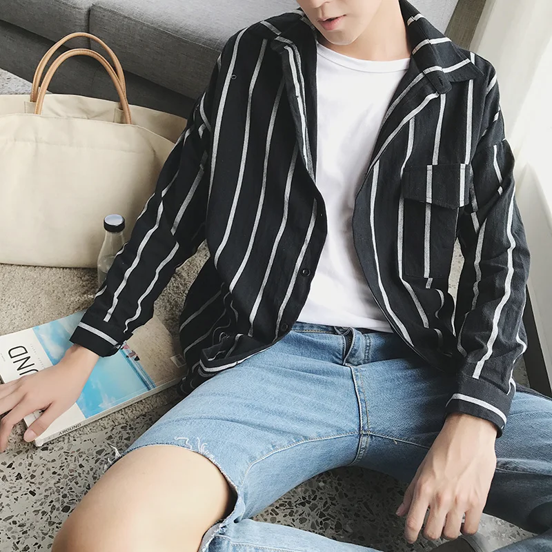 Мужская рубашка в полоску повседневная приталенная с длинным рукавом хлопковая