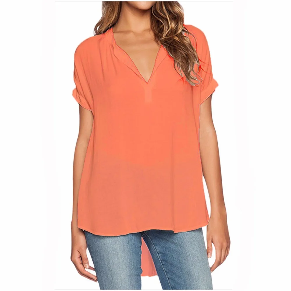 Women Summer Chiffon Tees Solid Simple V-neck Short Sleeve Loose Tops MT1443 | Женская одежда