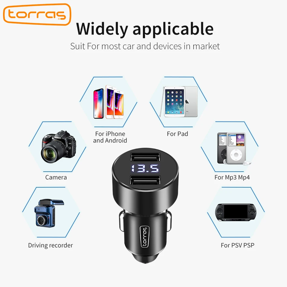 TORRAS Dual USB Автомобильное переходник для зарядного устройства Дисплей светодио