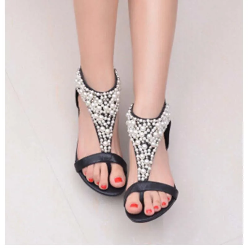 Женские сандалии с Т образным ремешком жемчугом и бусинами|Боссоножки сандалии| |