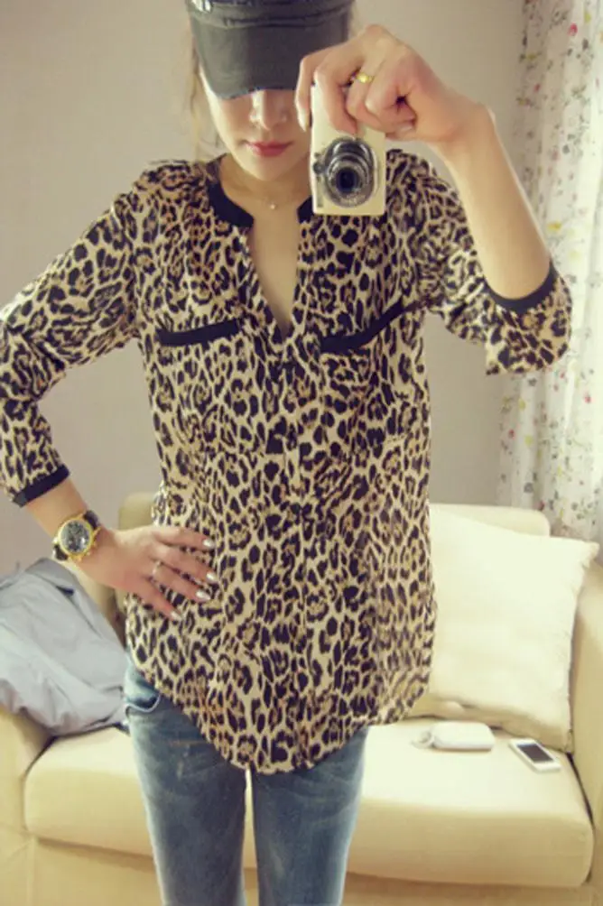 2014 New Spring women casual chiffon blouse print Leopard Stars long-sleeve shirt T2104 |