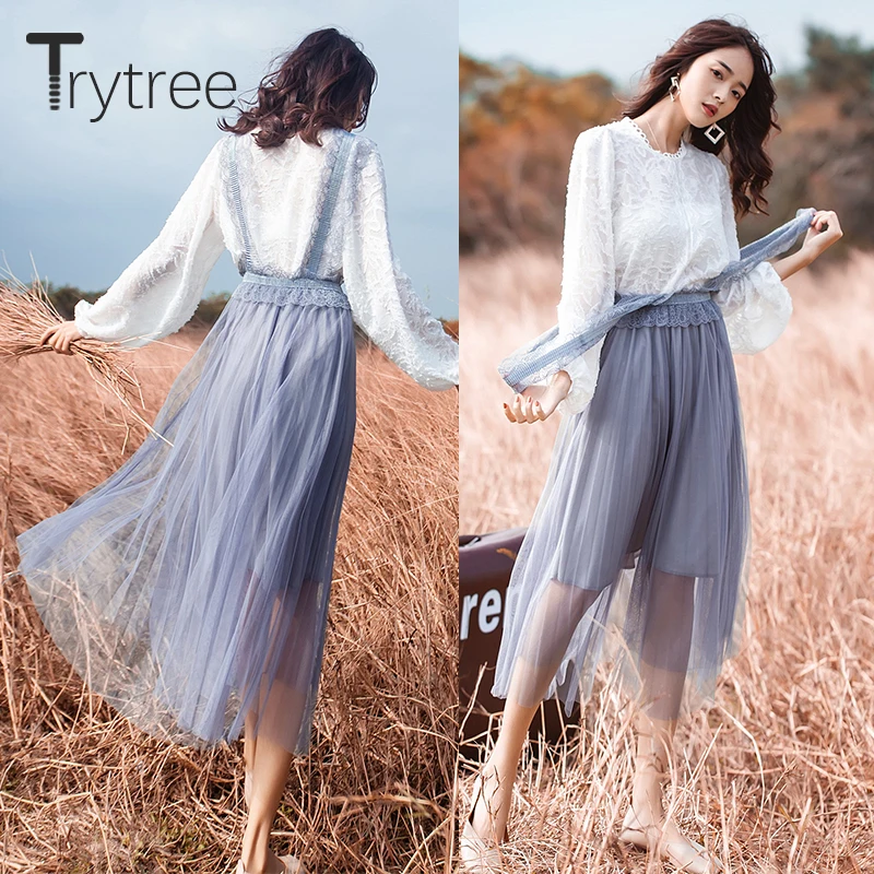 Комплект из двух предметов Trytree Женский романтичный Повседневный Топ с пышными