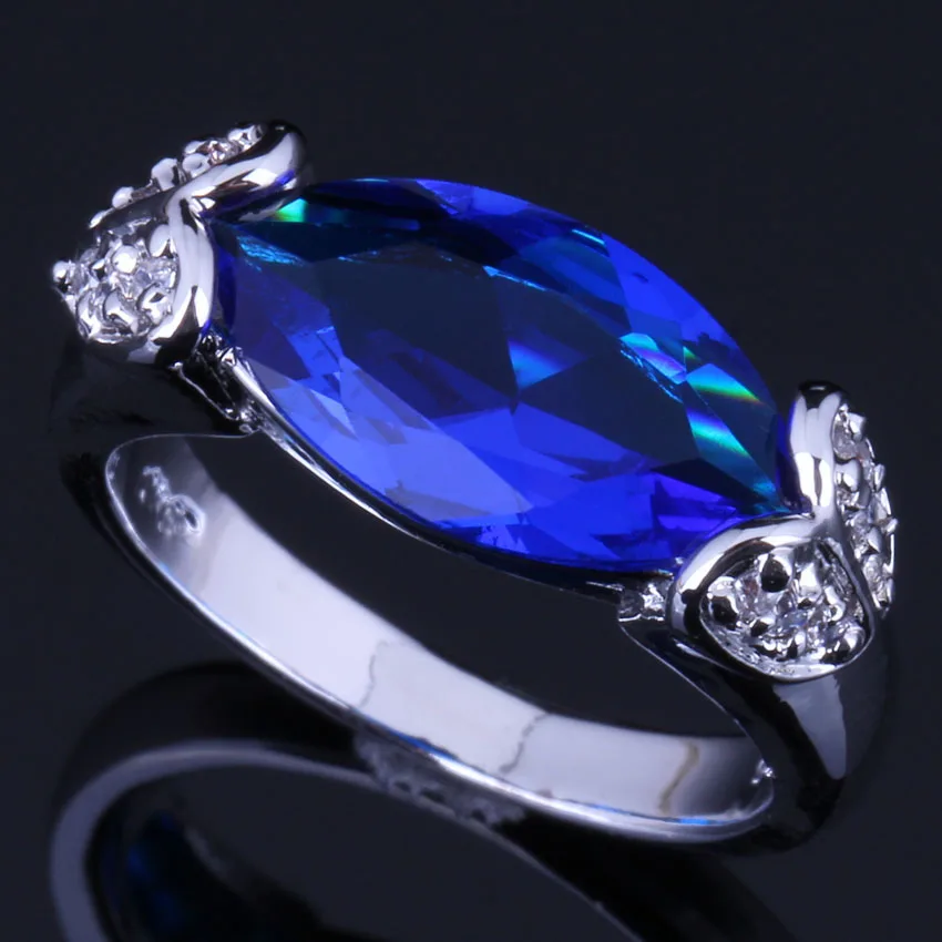 

Fantastic Marquise Blue Cubic Zirconia White CZ Silver Plated Ring V0656