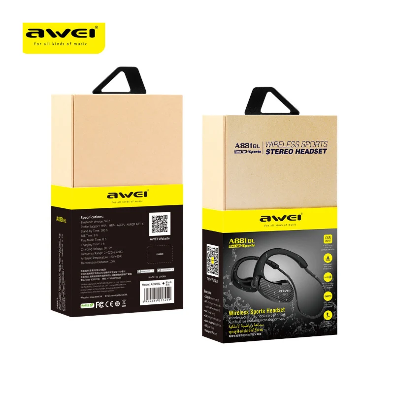 AWEI A881BL Bluetooth наушники водонепроницаемые беспроводные спортивные с микрофоном