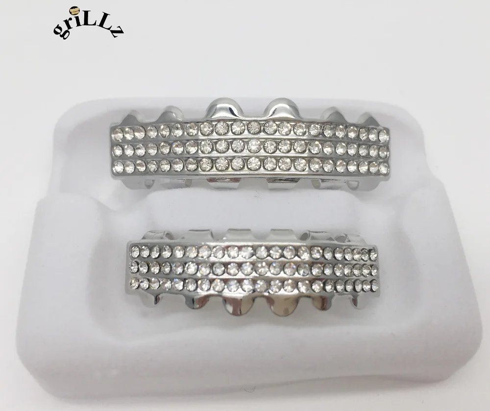 Реально Блестящий бренд GRILLZ! Посеребренные 3 ряда хип хоп ЗУБЫ гриль сверху и
