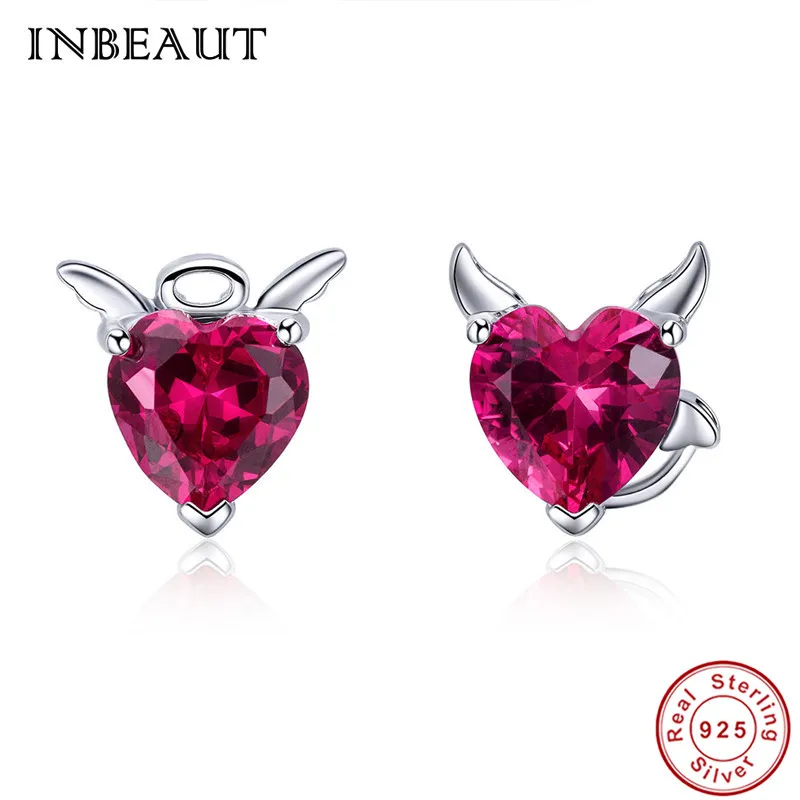 Серьги INBEAUT для женщин серебро 925 пробы милое сердце Ангела чертика красное