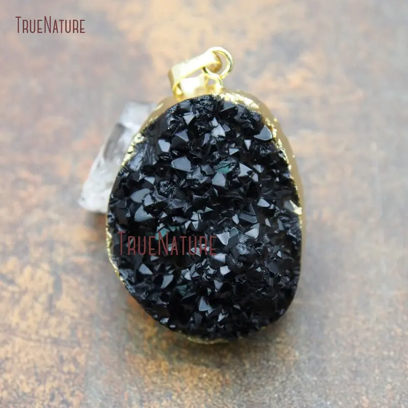 

Black Color Titanium Electroplated Drusy Crystal Stone Pendant Gold Copper Trims For Necklace Making Approx 30*40 mm PM11206