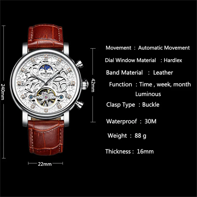 

Top Brand men watch Automatic Mechanical man watches Fashion New Man Watch Moon Phase Display Leather Stainless Steel Male Clock