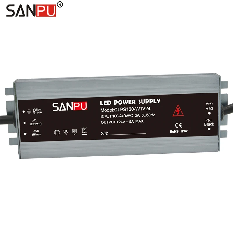 Sanpu LED адаптер питания 24 в 120 Вт 5A водонепроницаемый IP67 постоянное напряжение переменного тока в постоянный 24 вольт легкий трансформатор тонкий светодиодный драйвер 24 В постоянного тока