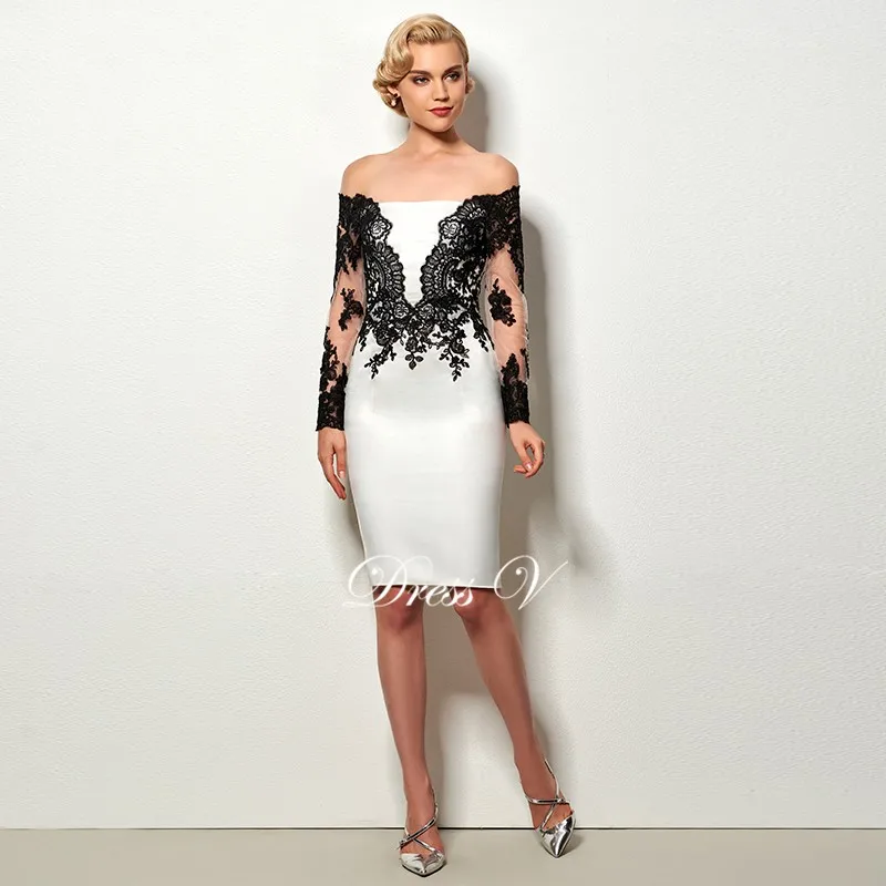 Dressv Черное и белое облегающее короткое коктейльное платье с длинными рукавами Аппликация Длина колена свадебное вечернее платье дешевое коктейльное платье