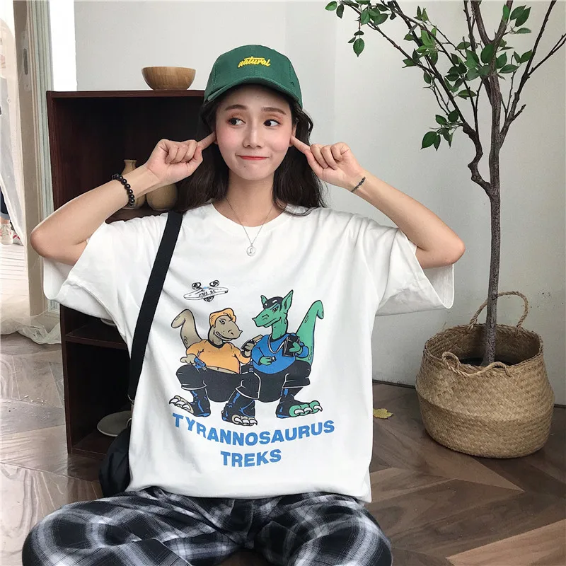 Футболка с рисунком динозавра туника в стиле панк женские футболки Япония Kawaii