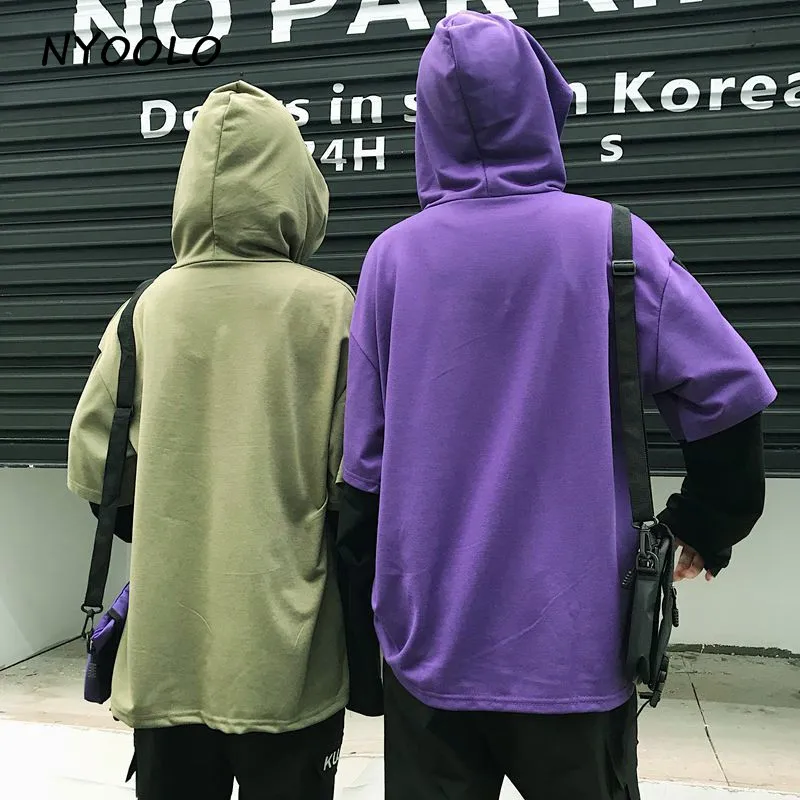 NYOOLO Harajuku стиль мультфильм комикс печати толстовки лоскутное Поддельные 2 шт. с капюшоном пуловеры толстовка женская/мужская одежда топы