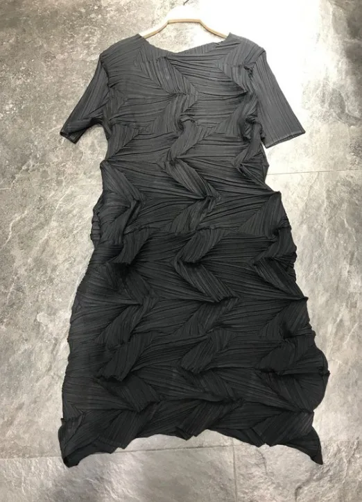 Miyake модное плиссированное платье с коротким рукавом и круглым вырезом