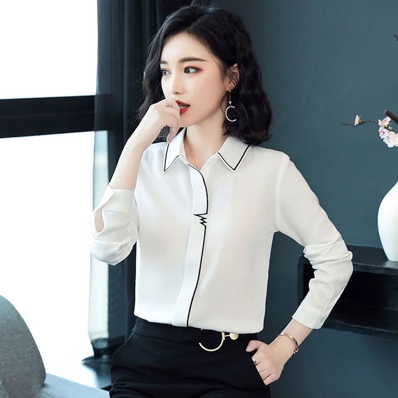 

Spring Summer Lady White Shirts Size S-2XL Long Sleeve Style Patchwork Office Work Design Women Casual Chiffon Blouses DF2354