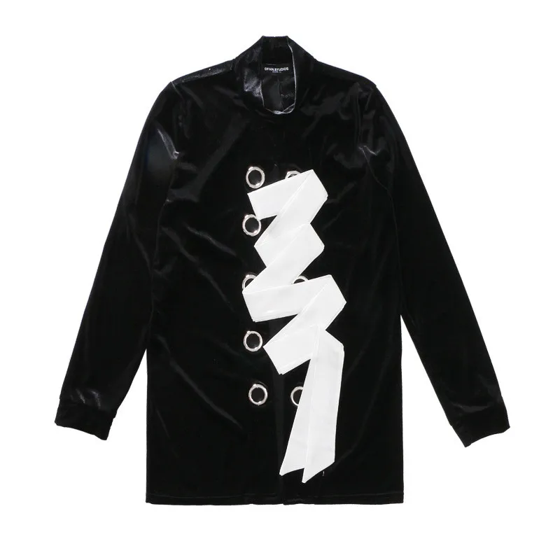 

2019 European Female Metal Eyelet Cool Kpop Streetwear Oversize Ribbon Lace Up Long-sleeve Long Sweatshirt Velvet Women Hoodies