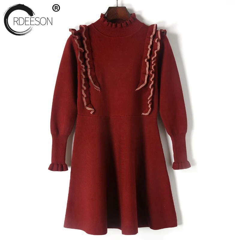 Ordeeson Красный свитер Для женщин Линии Рюшами Платья свитеры Свитеры для и