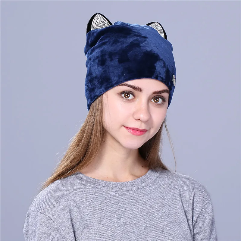 navy Xthree фланелевая Женская осенне-зимняя шапка с милым котенком, Детские шапочки, шапка для девочек Skullies gorras - Цвет: navy