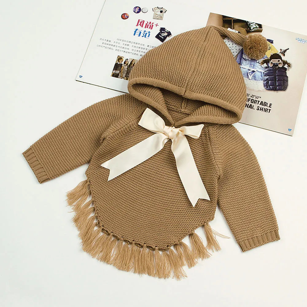 Winter Newborn Red jacket Infant Baby Boys Girls Bow Tassel Knitted Long Sleeve Hooded Tops Sweater Outfits Fringed hooded