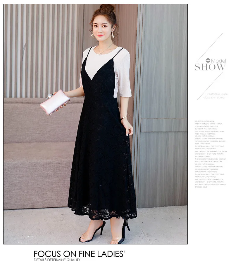 Новинка летний женский комплект одежды черное кружевное длинное платье на