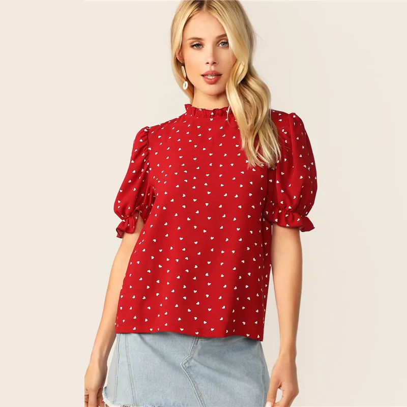 Dotfashion, красный топ с воланами на шее, с пышными рукавами, с принтом конфетти, сердце, для женщин,, летняя элегантная одежда с коротким рукавом, модная блузка