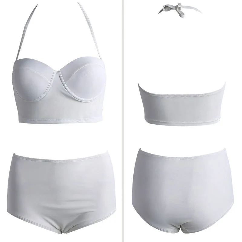 Женский однотонный купальник с завышенной талией батальных размеров|swimsuit