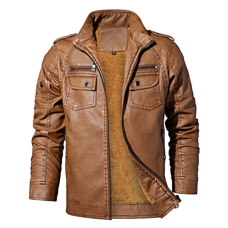 

Brand Faux Leather Men Jacket Coat Fleece Warm Winter Coat Solid Military Leather Jacket Chaqueta Cuero Hombre PU Men's Leather