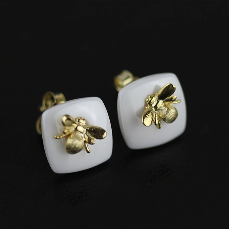Lotus Fun Настоящее серебро 925 проба Натуральный ручной работы ювелирные изделия керамика милый пчела поцелуй из набор бижутерии с розой для женщин Bijoux