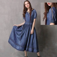 free shiping 2020 new vintage women long mid calf short lantern sleeve autumn denim cotton dress embroidery m l v neck dresses