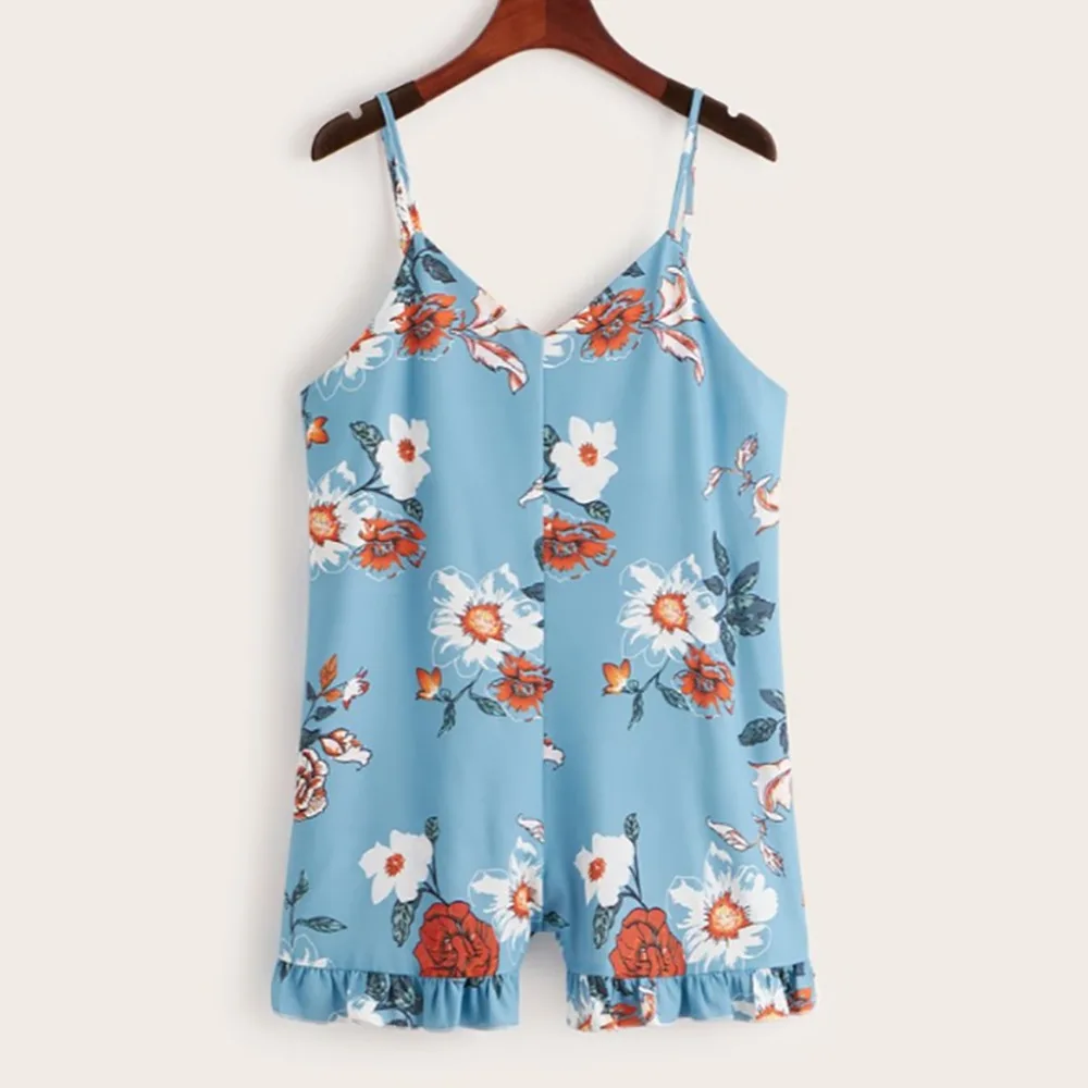 Женский короткий комбинезон с v образным вырезом и принтом|Комбинезоны c шортами|