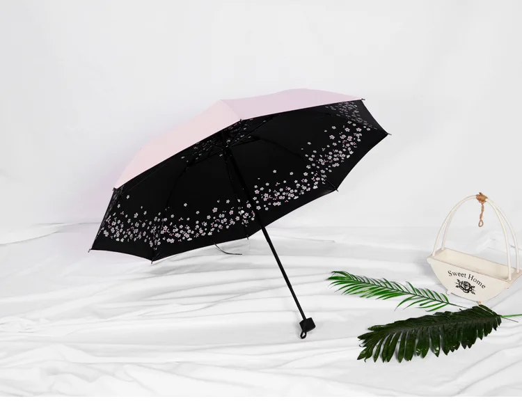 Зонт Sakura, трехслойный, женский, ветрозащитный, карандаш, дождливый зонтик, животное, кошка, черное покрытие, карманный зонтик