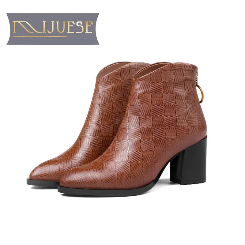 Женские ботильоны из телячьей кожи MLJUESE коричневые на высоком каблуке с плюшевой