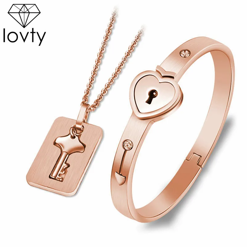 Покрытие из розового золота Lovty пользовательское имя Пары Ожерелье браслет наборы для любимых, из нержавеющей стали сердце замок браслеты ключ кулон ожерелье - Окраска металла: Покрытие из розового золота