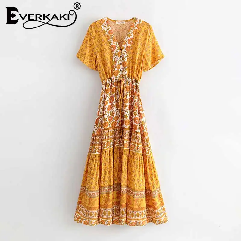 Yellow Everkaki богемное Цыганское Платье макси с принтом, женское пляжное длинное платье с регулируемой талией и пуговицами в стиле бохо, женские платья, лето-осень - Цвет: Yellow