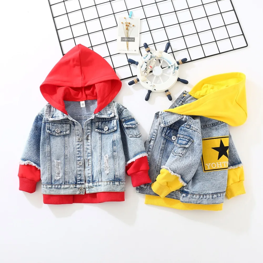 2019 Spring kids cowboy coat boys girls Splicing Loose hoodies baby clothes Wear out Wash white Jacket Children's wear | Детская