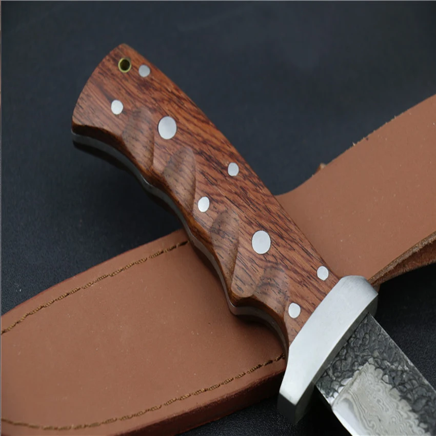 Оптовая продажа ручной Кованый прямой нож из дамасской стали с узором твердость