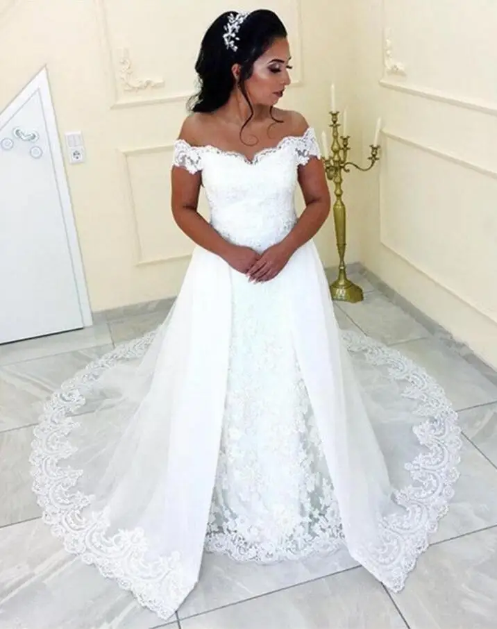 

Sexy Vintage Lace Overskirts White Wedding Dresses 2019 Off Shoulder Plus Size White Cheap Arabic African Country Bridal Gowns