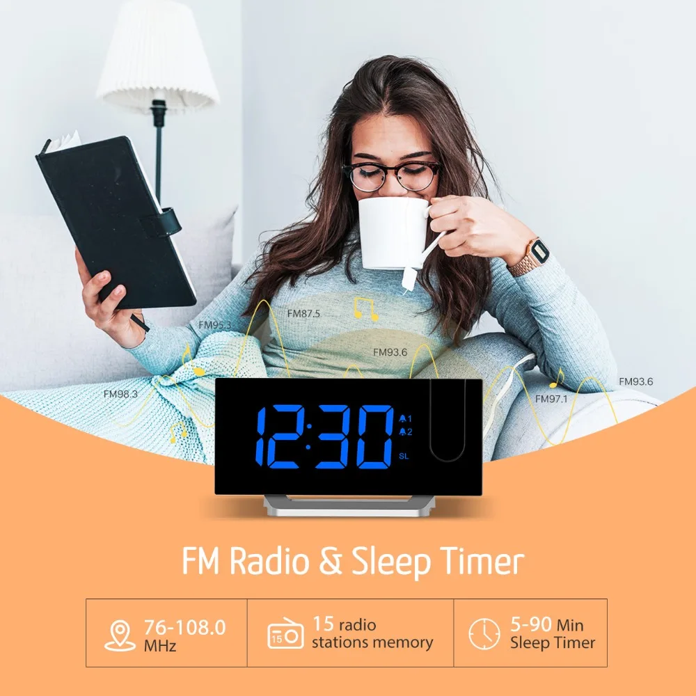 MPOW светодиодный FM проектор 2 будильника многофункциональный 5 дюймовый изогнутый