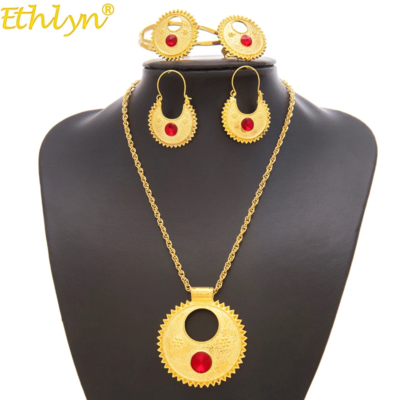 Ethlyn Jewelry Ethiopian sets Necklace Bangle Earrings & Free Size Ring Jewelry sets Gold Color Eritrean Best Holiday Gifts S196