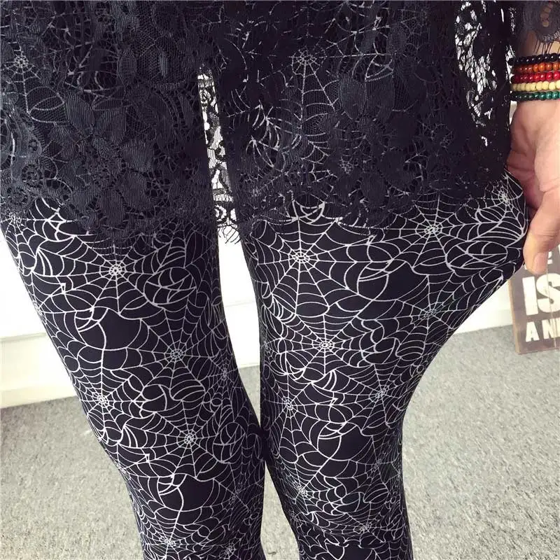 Spider web BIVIGAOS новые Стиль досуга модные женские повседневные хлопковые черные молочные Леггинсы Брюки женские эластичные Клетчатые Леггинсы с граффити Брюки женские - Цвет: Spider web