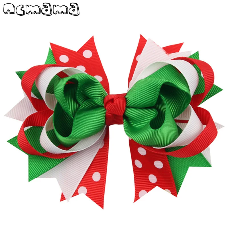 

ncmama Christmas Printed Hair Bow Grosgrain Ribbon Hair Clips Boutique Handmade Bow For Kids Christmas Party Hair Accessories