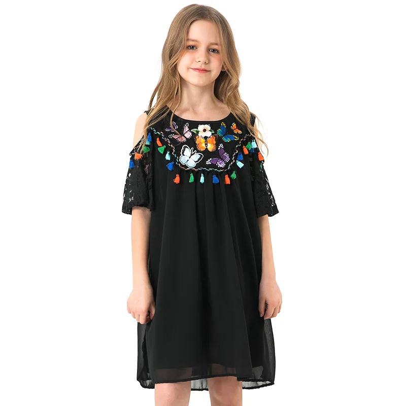 Dress Girl 8 10 12 years Shein Kids Chiffon Butterfly Embroidery Off Shoulder Princess Black Loose Children Muslim |